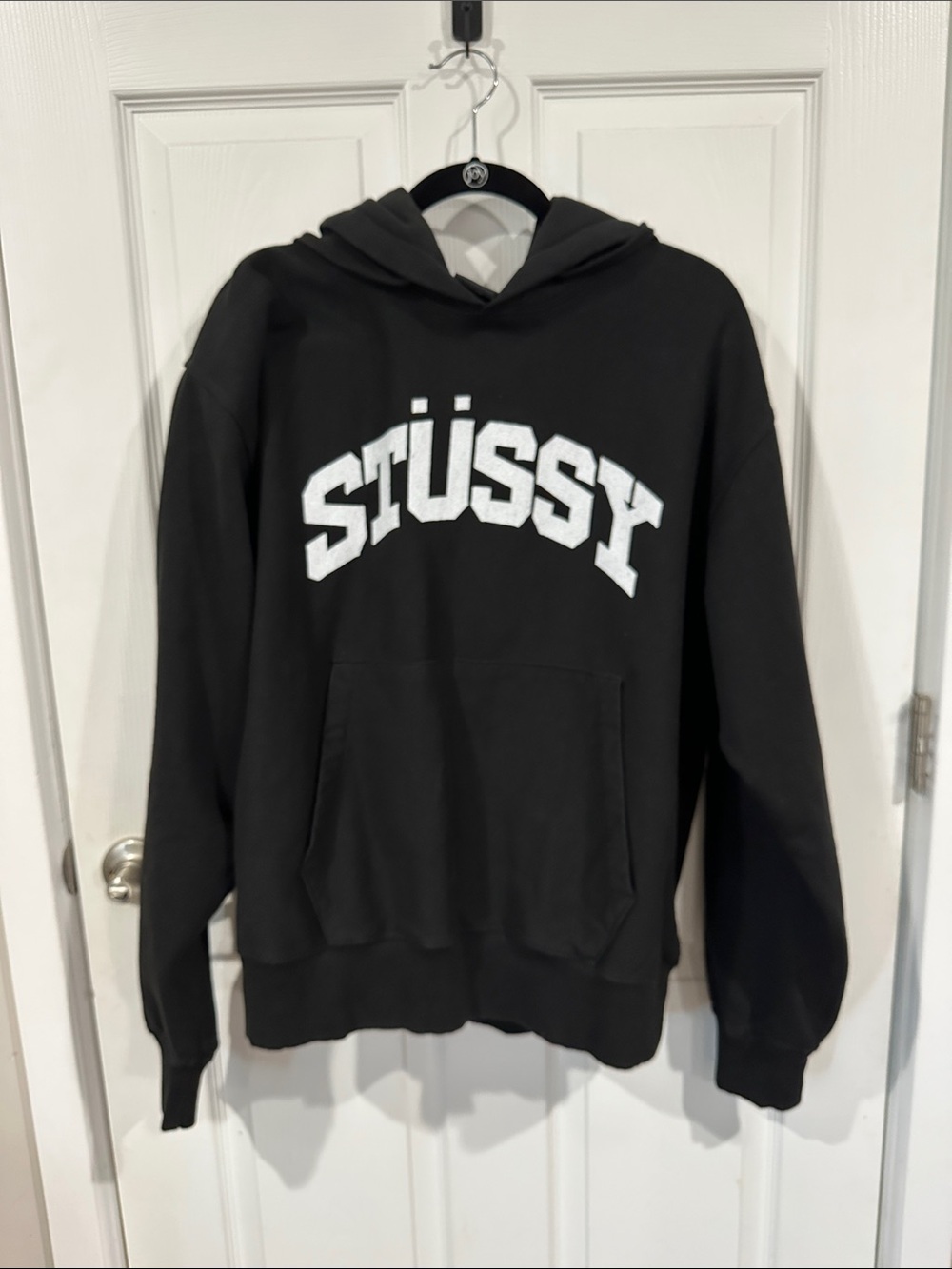 Stussy Black Crewneck Hoodie with White Arch Logo